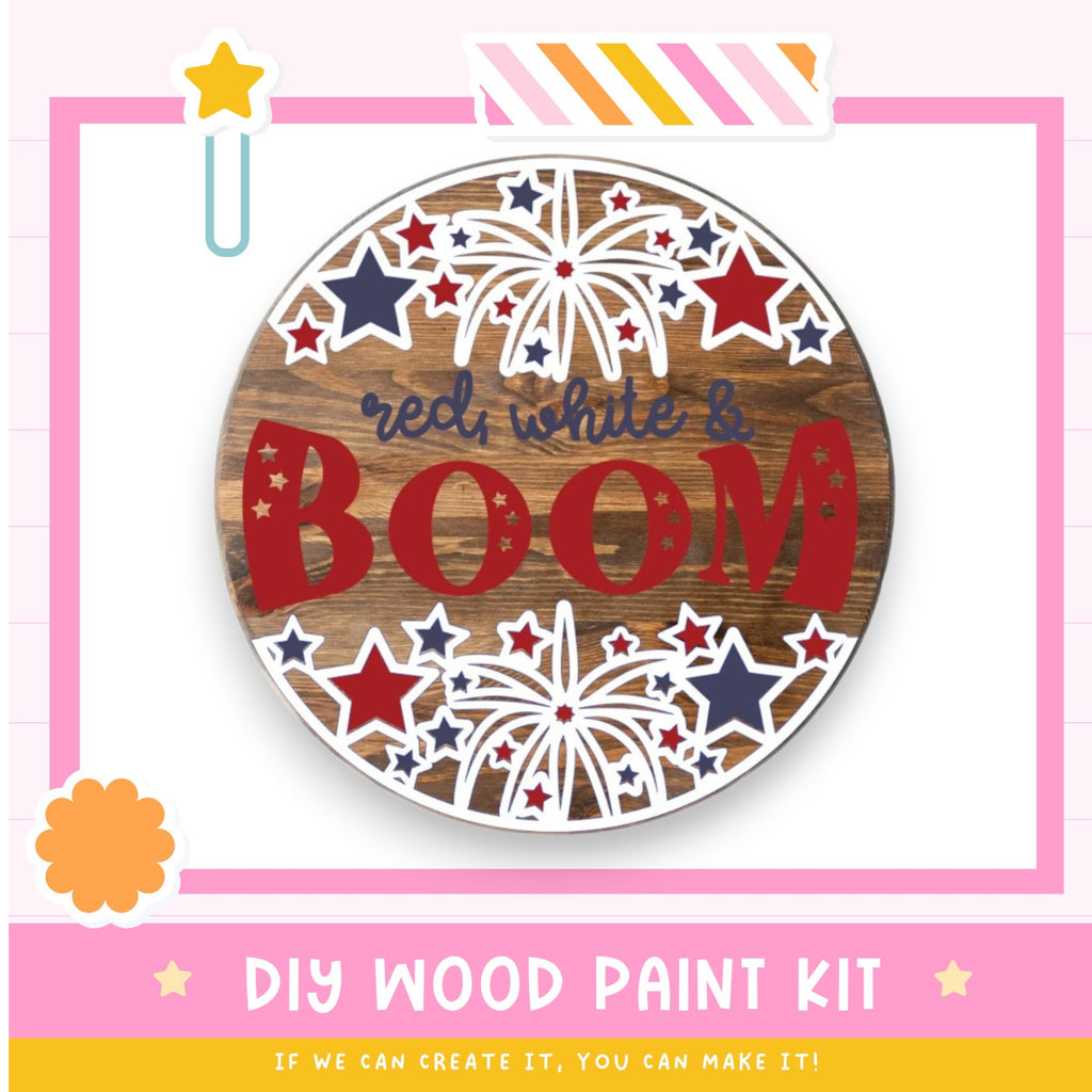 a wooden sign that says red white and boom
