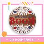 a wooden sign that says red white and boom
