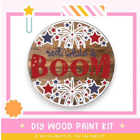 a wooden sign that says red white and boom