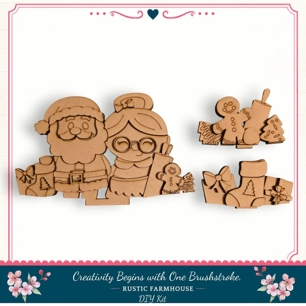 a DIY kit for creating wooden characters, including Santa Claus, a woman, and a gingerbread man, along with some gingerbread houses.