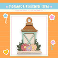 a card with a picture of a lantern and flowers