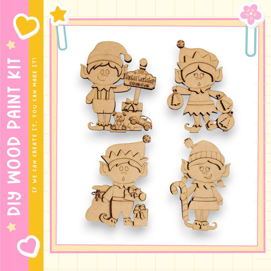 four wooden elf figurines, each with unique poses and accessories, arranged in a square frame.