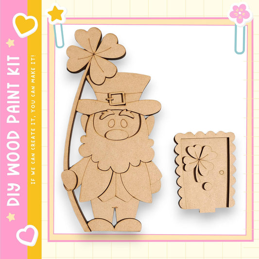 A wooden cutout of a leprechaun holding a four-leaf clover, with a door cutout next to it, all set against a pink and yellow background.