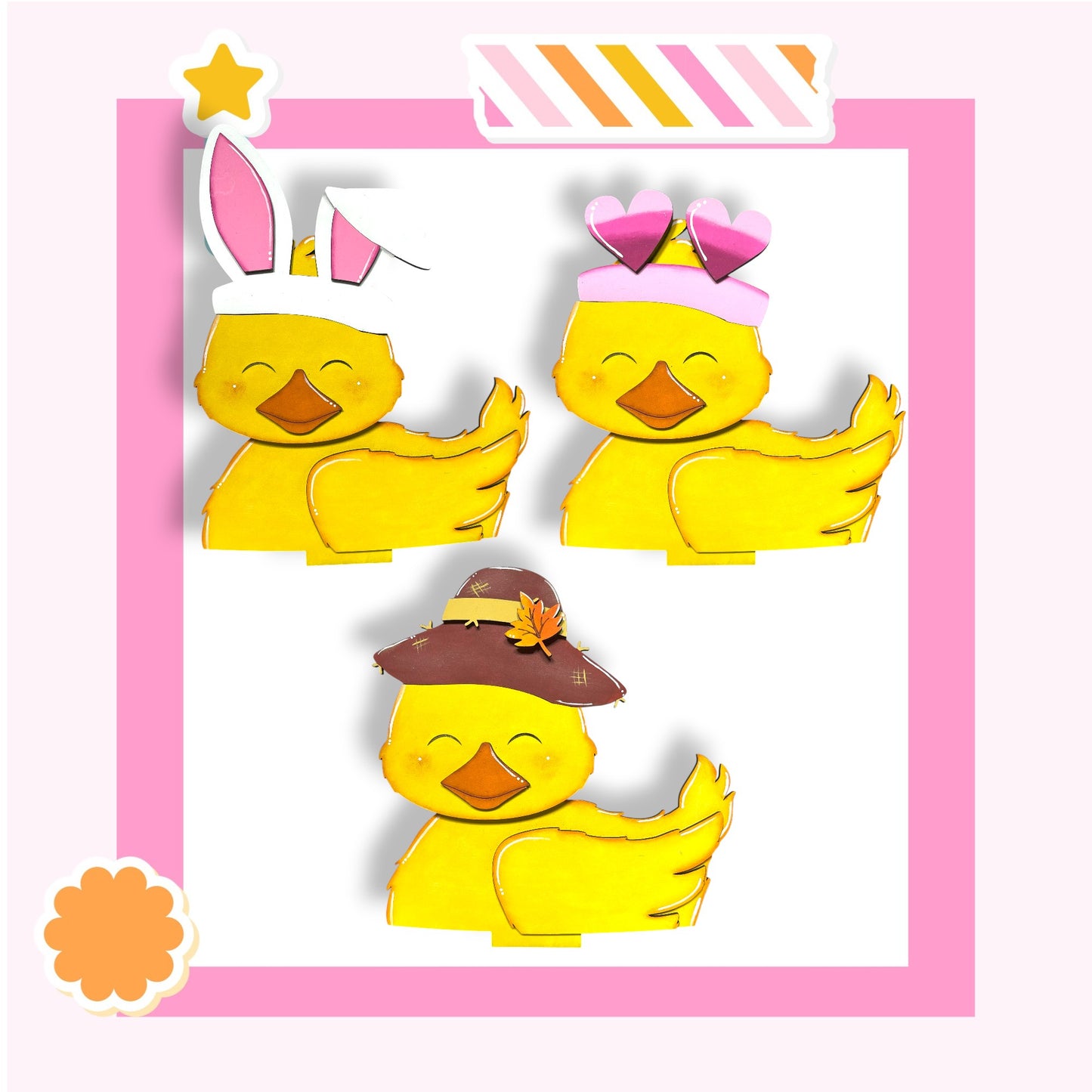 three cheerful yellow duck characters wearing bunny ears, hearts, and hats, all with big smiles on their faces.