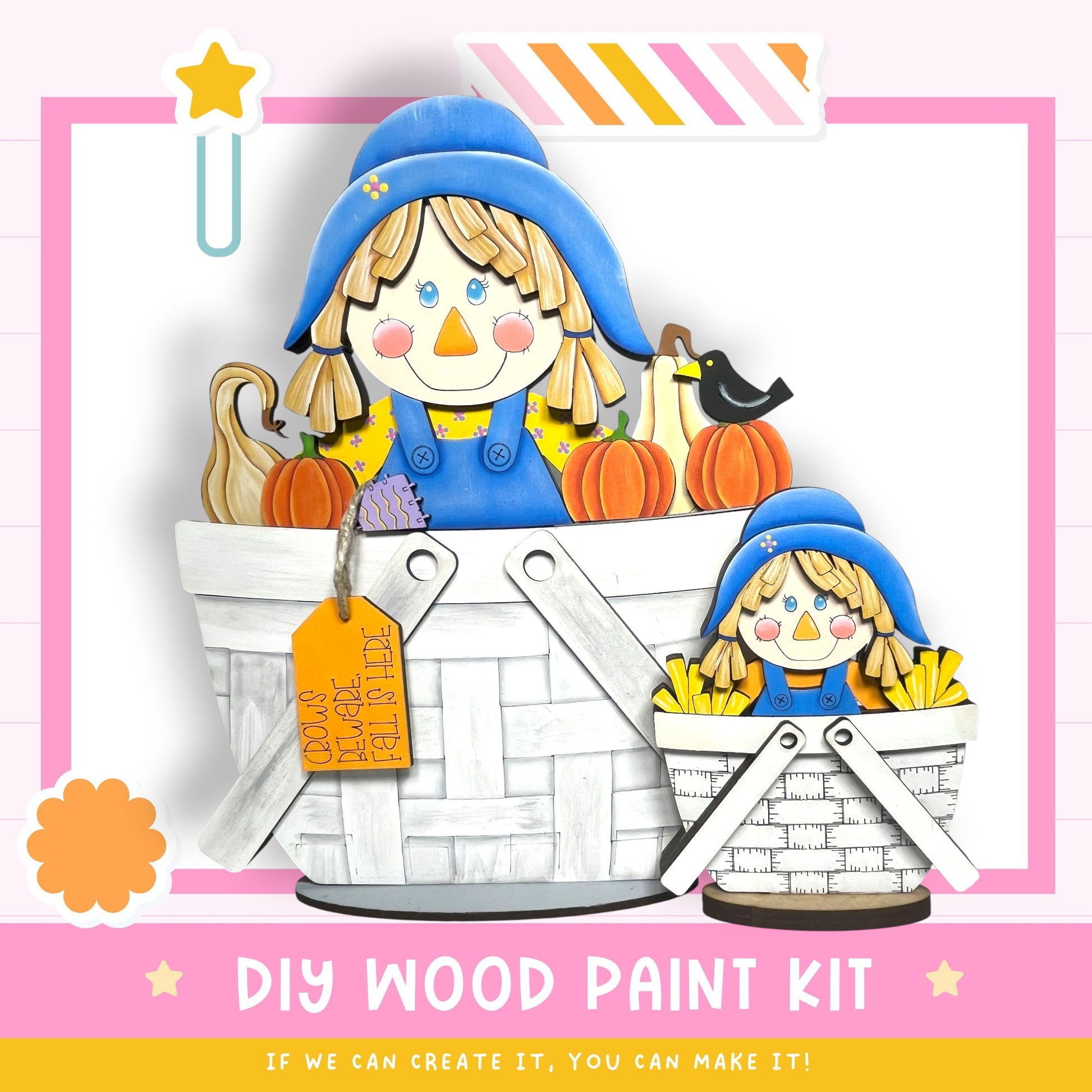 a DIY wood paint kit for creating a scarecrow-themed decoration. The kit includes a scarecrow made of wood and a basket filled with pumpkins and other fall-themed items. The kit is designed for people to create their own scarecrow decorations, allowing them to customize the design and size according to their preferences.