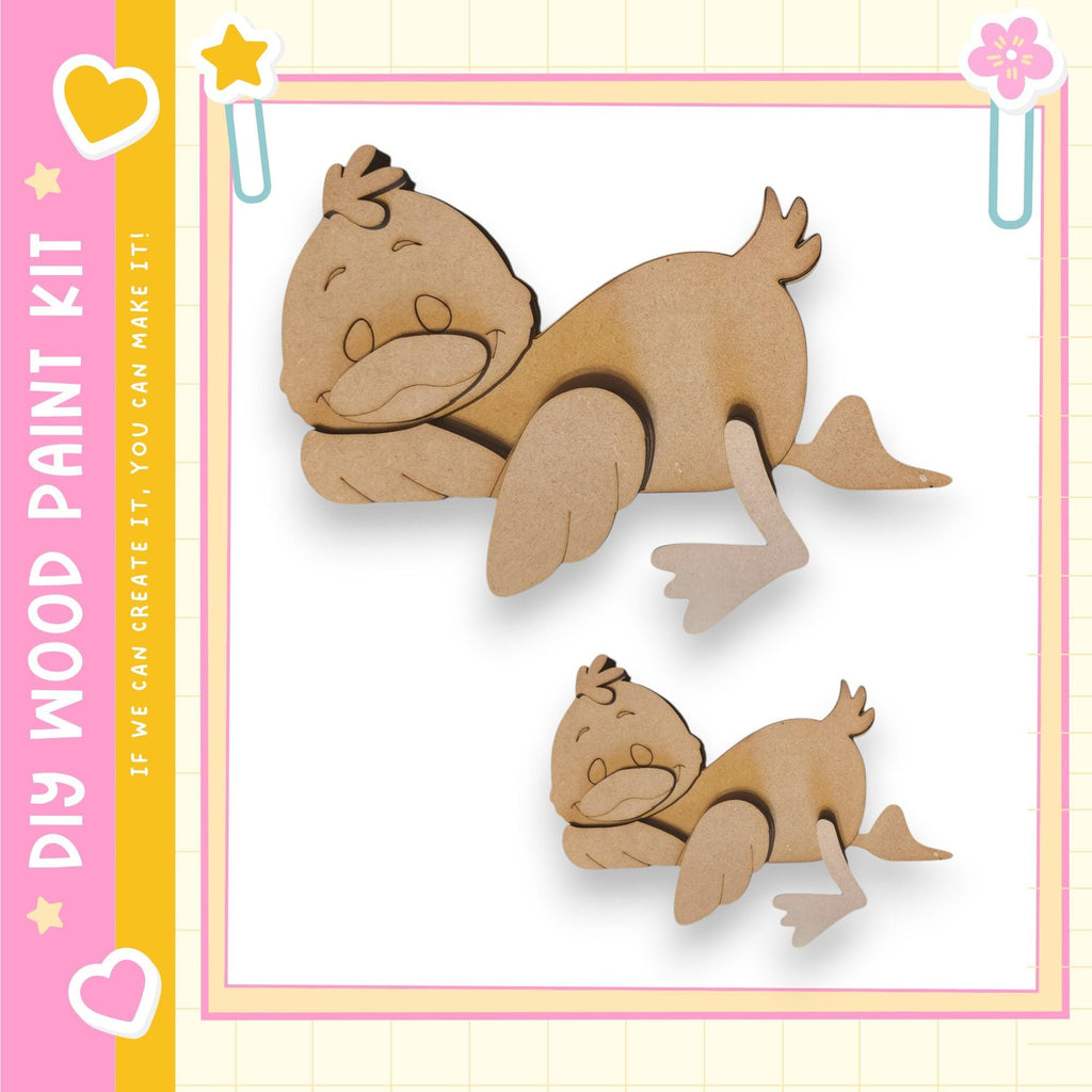 two wooden duck figures, one larger and one smaller, set against a pink and yellow background.
