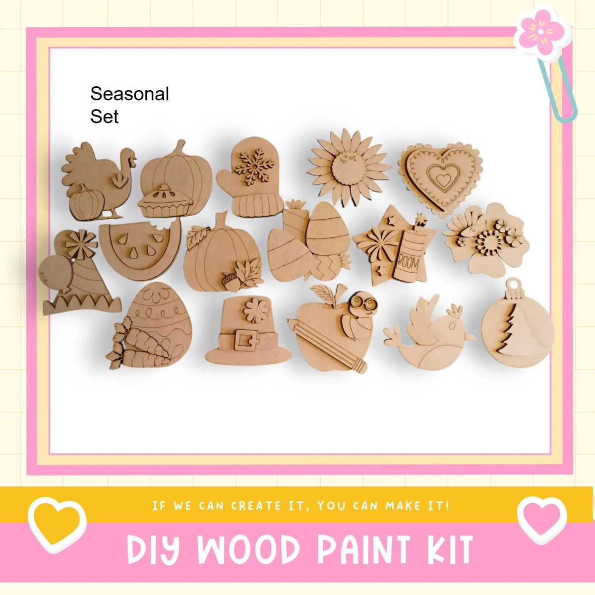 a DIY wood paint kit with various wooden shapes and designs, including a turkey, pumpkin, sun, heart, and other festive ornaments, as well as a bird and a flower.
