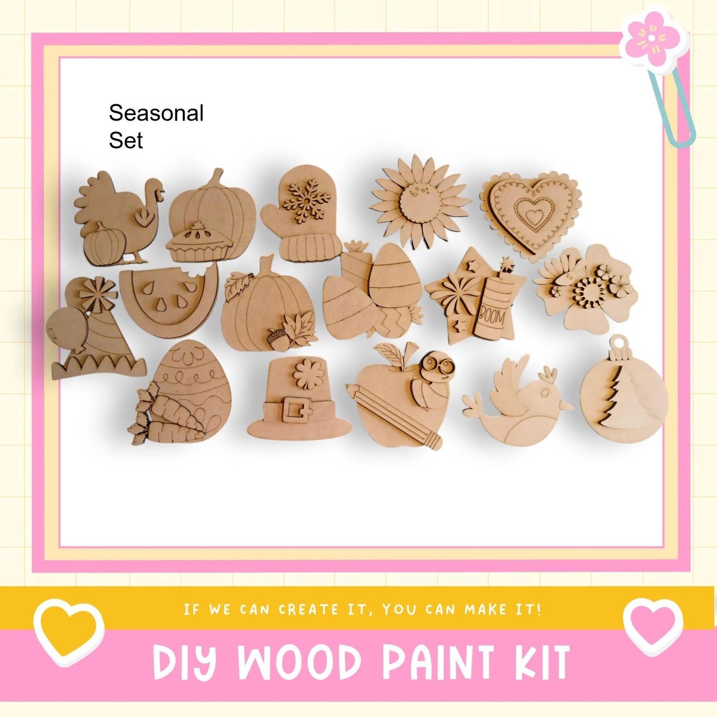 a DIY wood paint kit with various wooden shapes and designs, including a turkey, pumpkin, sun, heart, and other festive ornaments, as well as a bird and a flower.