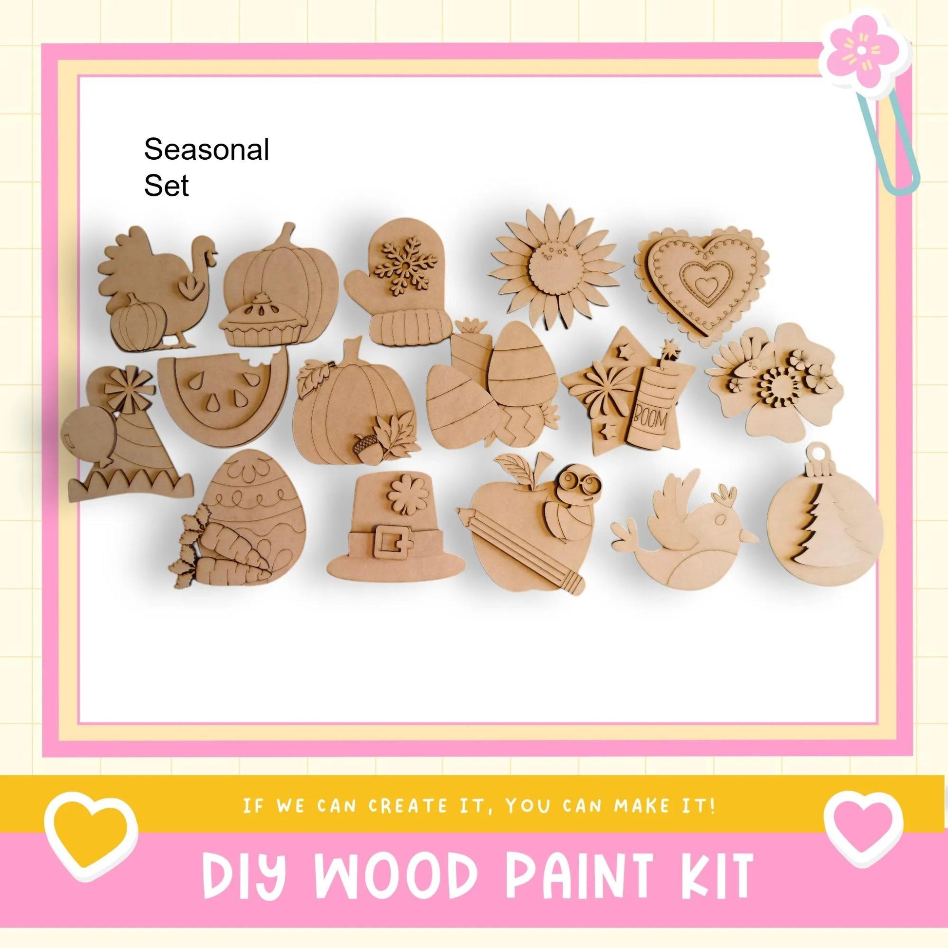 a DIY wood paint kit with various wooden shapes and designs, including a turkey, pumpkin, sun, heart, and other festive ornaments, as well as a bird and a flower.