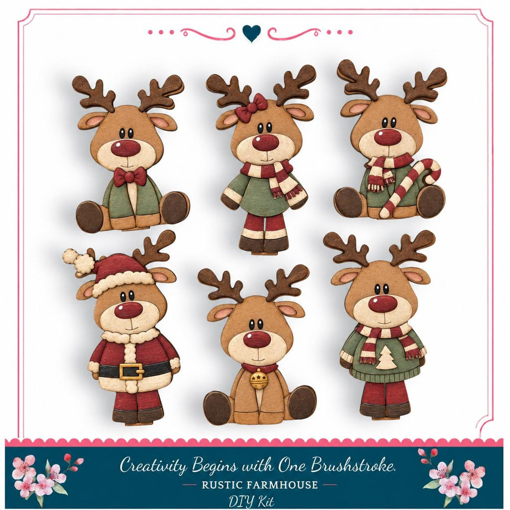 A set of six cute reindeer figurines in various outfits, including Santa Claus, a bow tie, a scarf, a Christmas tree, and a green sweater.