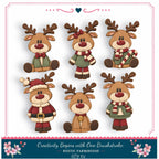 A set of six cute reindeer figurines in various outfits, including Santa Claus, a bow tie, a scarf, a Christmas tree, and a green sweater.