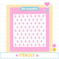 The image is a pink and white square with a repeating pattern of pink gummy bear shapes. The word "Re-useable" is displayed above the pattern, and the word "STENCILS" is shown at the bottom of the image.