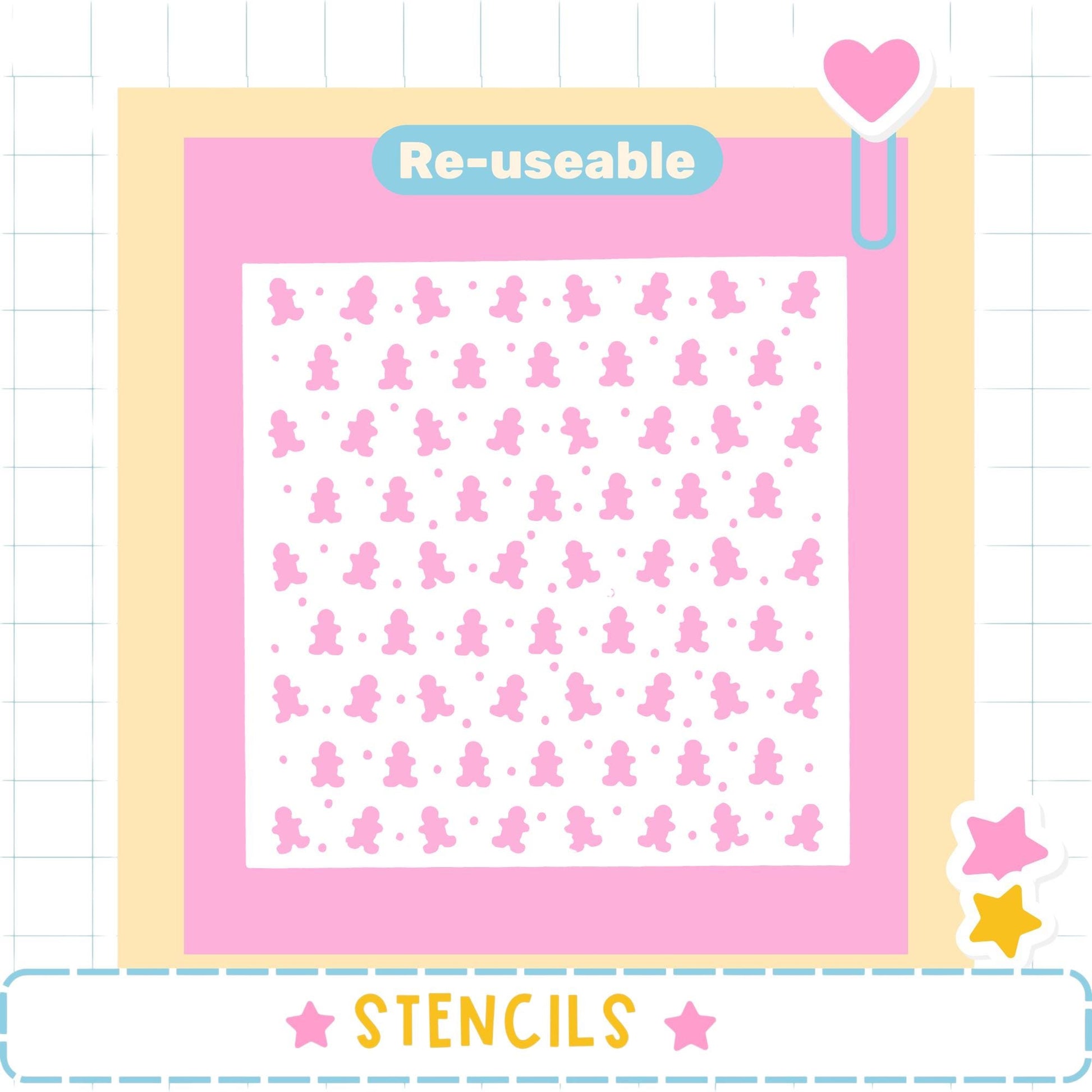 The image is a pink and white square with a repeating pattern of pink gummy bear shapes. The word "Re-useable" is displayed above the pattern, and the word "STENCILS" is shown at the bottom of the image.