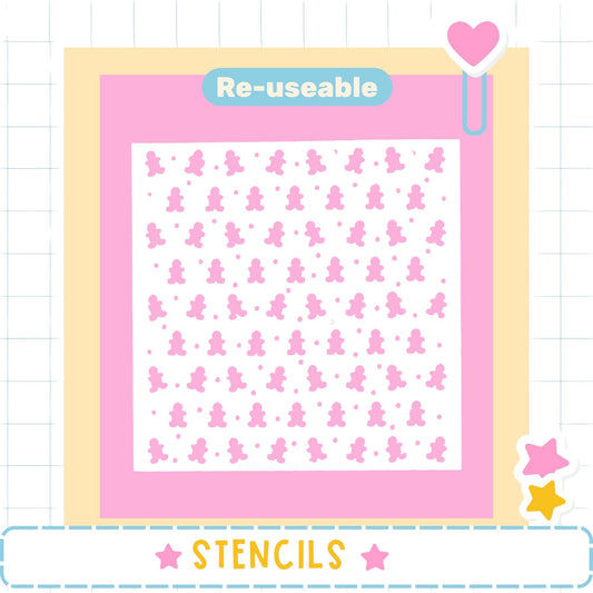 The image is a pink and white square with a repeating pattern of pink gummy bear shapes. The word "Re-useable" is displayed above the pattern, and the word "STENCILS" is shown at the bottom of the image.