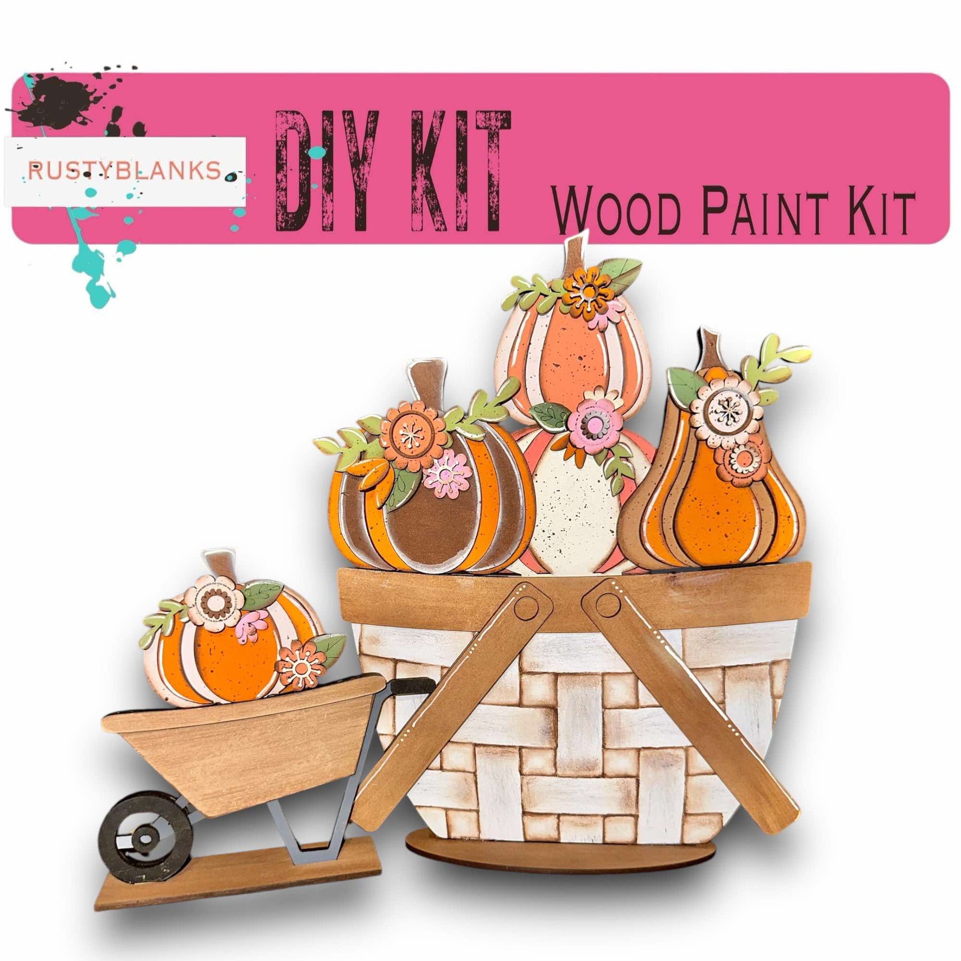 a wooden craft kit with pumpkins in a basket