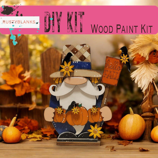 a wooden kit with a scarecrow and pumpkins