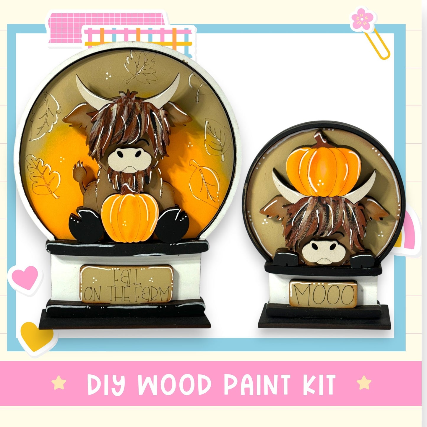 two wooden paint kits, each depicting a cow with a pumpkin. The kits are labeled as "DIY WOOD PAINT KIT" and "FALL ON THE FARM".