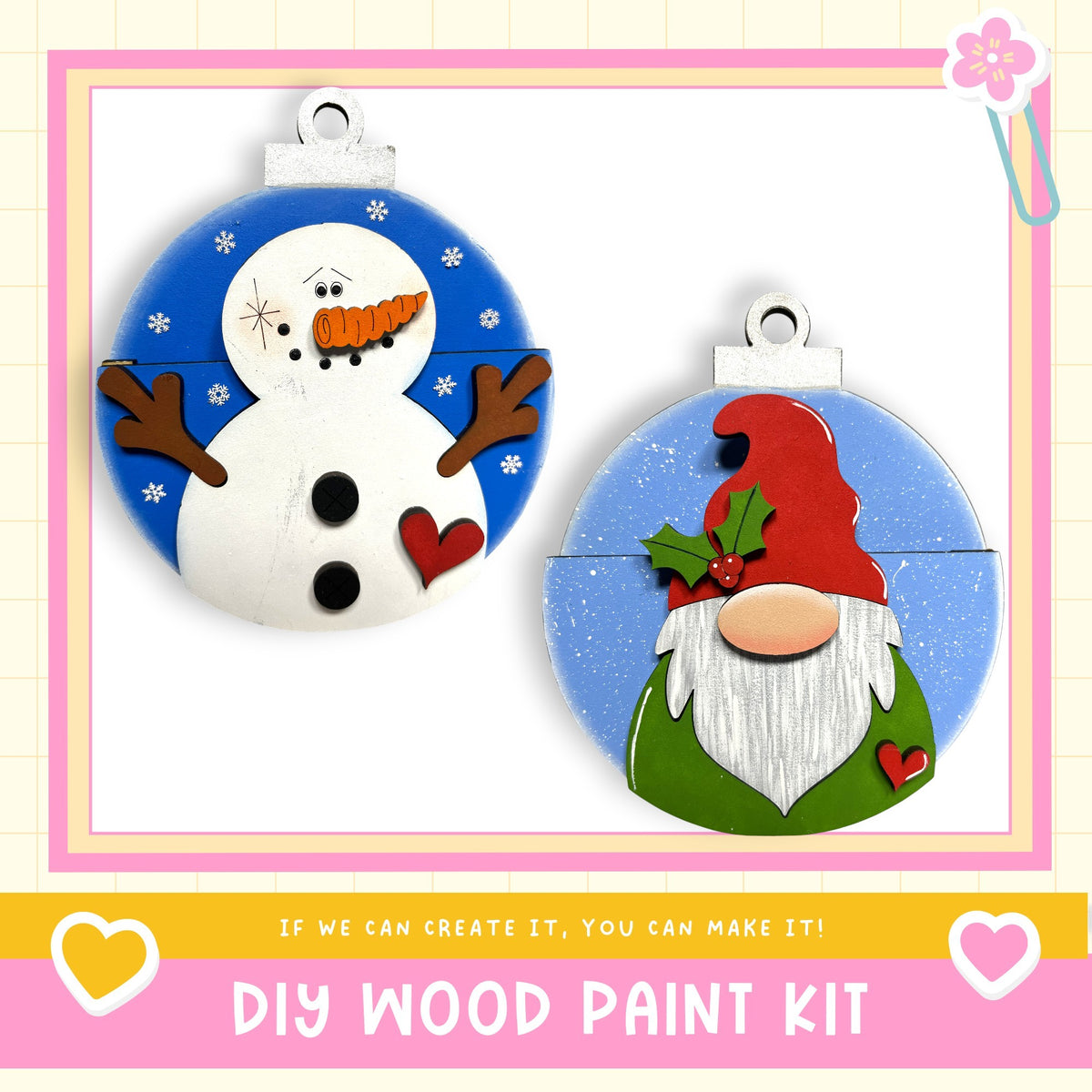two wooden ornaments, a snowman and a gnome, with a DIY wood paint kit label in the bottom right corner.