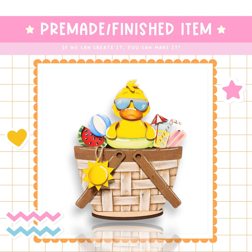 a rubber ducky in a basket with sun glasses