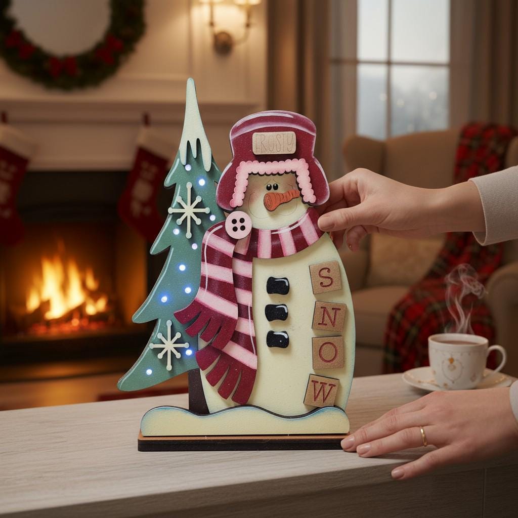 A person's hand is holding a snowman decoration with a Christmas tree and the word "SNOW" written on it, in front of a fireplace.