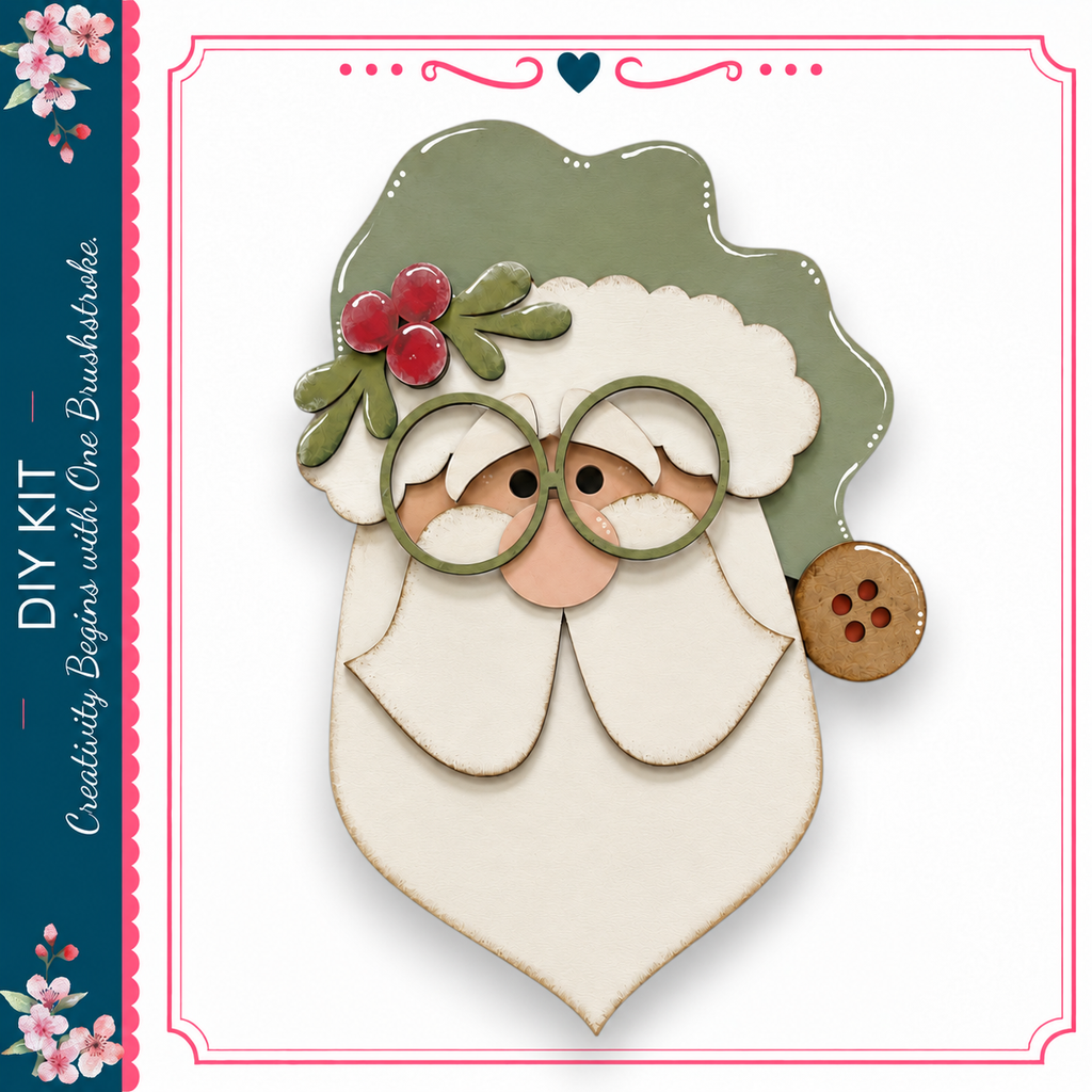 A wooden Santa Claus figure with a green hat and red berries, along with a button on his left ear.