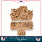 The image is a DIY kit for creating a "Back to School" sign, featuring a wooden cutout with the text "Back to School" and a bee. The kit includes a wooden stick figure and a wooden castle, which are used to create the sign. The kit is designed to encourage creativity and learning, as indicated by the "Read Learn Grow" banner and the "Back to School" message.