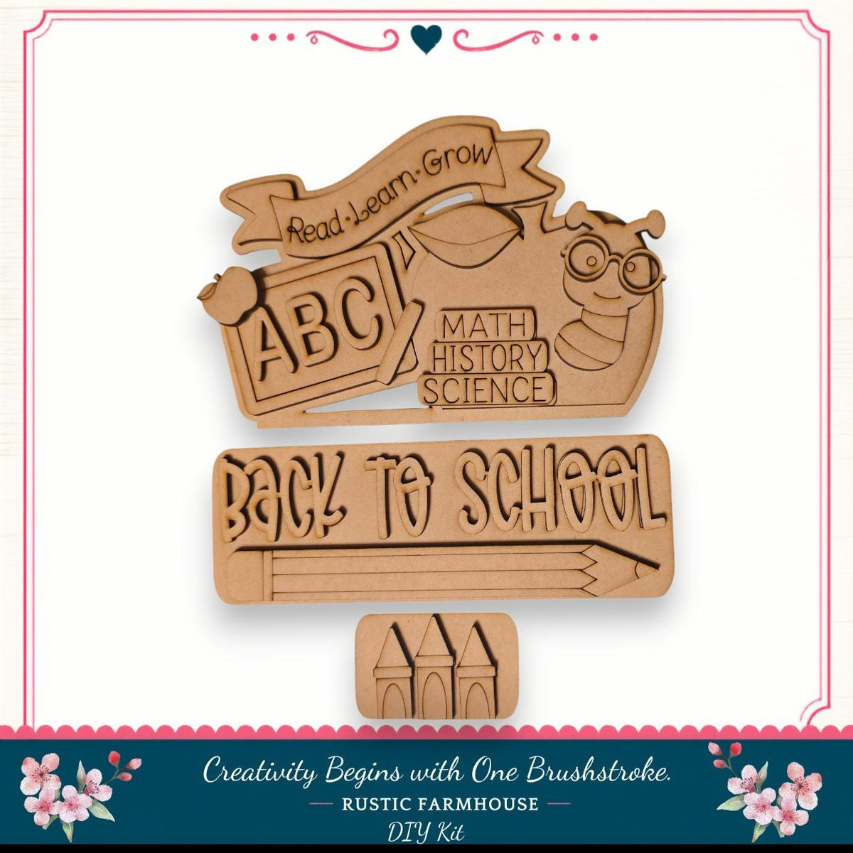 The image is a DIY kit for creating a "Back to School" sign, featuring a wooden cutout with the text "Back to School" and a bee. The kit includes a wooden stick figure and a wooden castle, which are used to create the sign. The kit is designed to encourage creativity and learning, as indicated by the "Read Learn Grow" banner and the "Back to School" message.