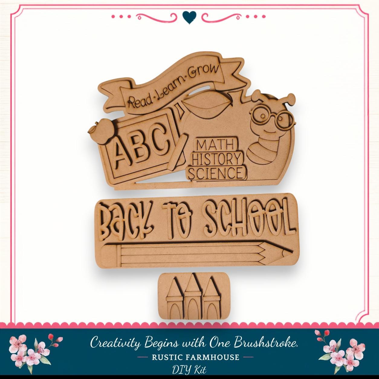 The image is a DIY kit for creating a "Back to School" sign, featuring a wooden cutout with the text "Back to School" and a bee. The kit includes a wooden stick figure and a wooden castle, which are used to create the sign. The kit is designed to encourage creativity and learning, as indicated by the "Read Learn Grow" banner and the "Back to School" message.