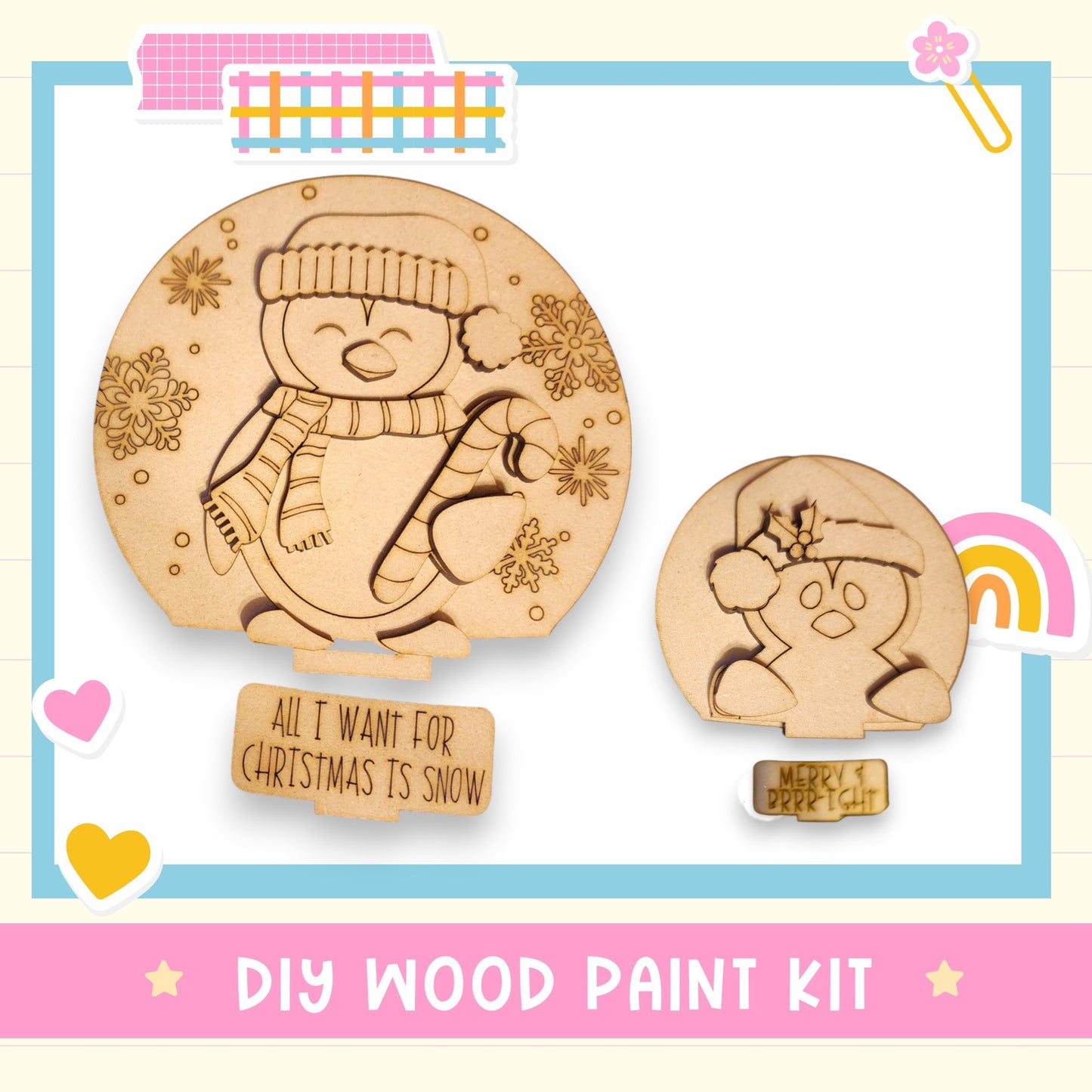 a DIY wood paint kit for creating wooden snowmen and other Christmas-themed decorations.