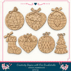 a collection of six wooden ornaments with various designs, including Christmas trees, hearts, and bows, arranged in a grid pattern.