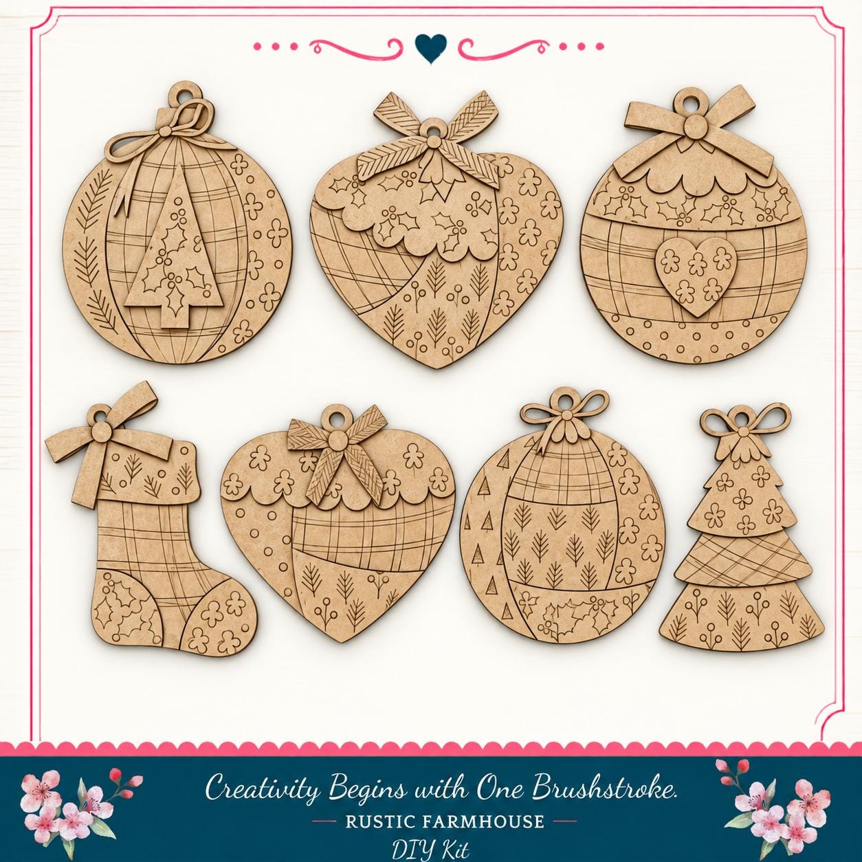 a collection of six wooden ornaments with various designs, including Christmas trees, hearts, and bows, arranged in a grid pattern.