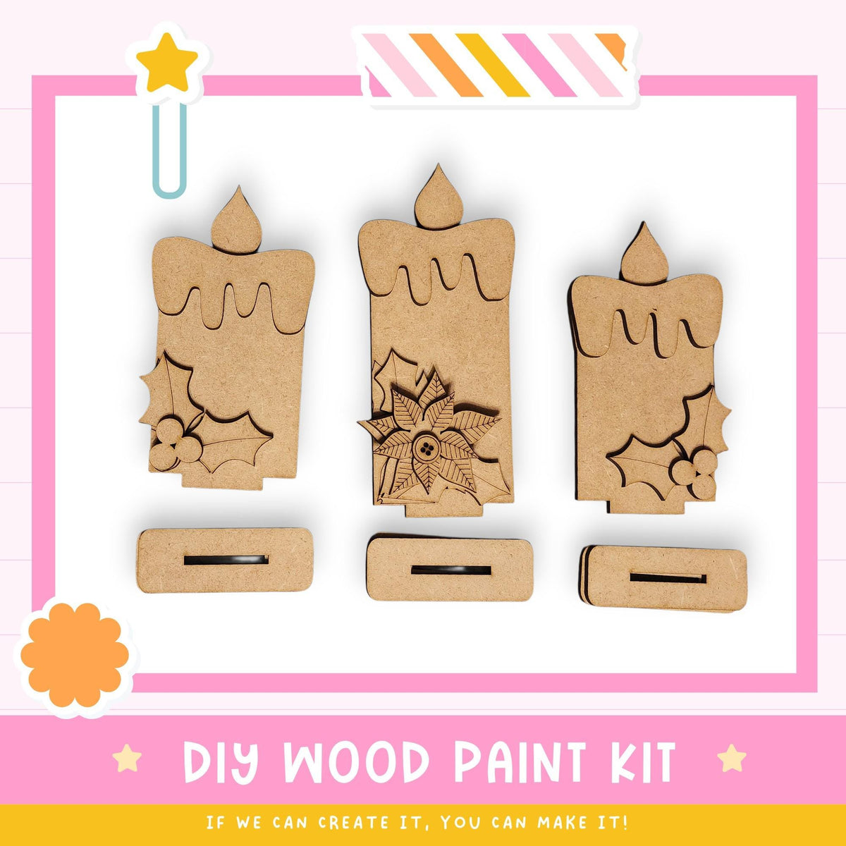 a DIY wood paint kit with three wooden candle-shaped objects, each with a unique design, displayed on a pink background.