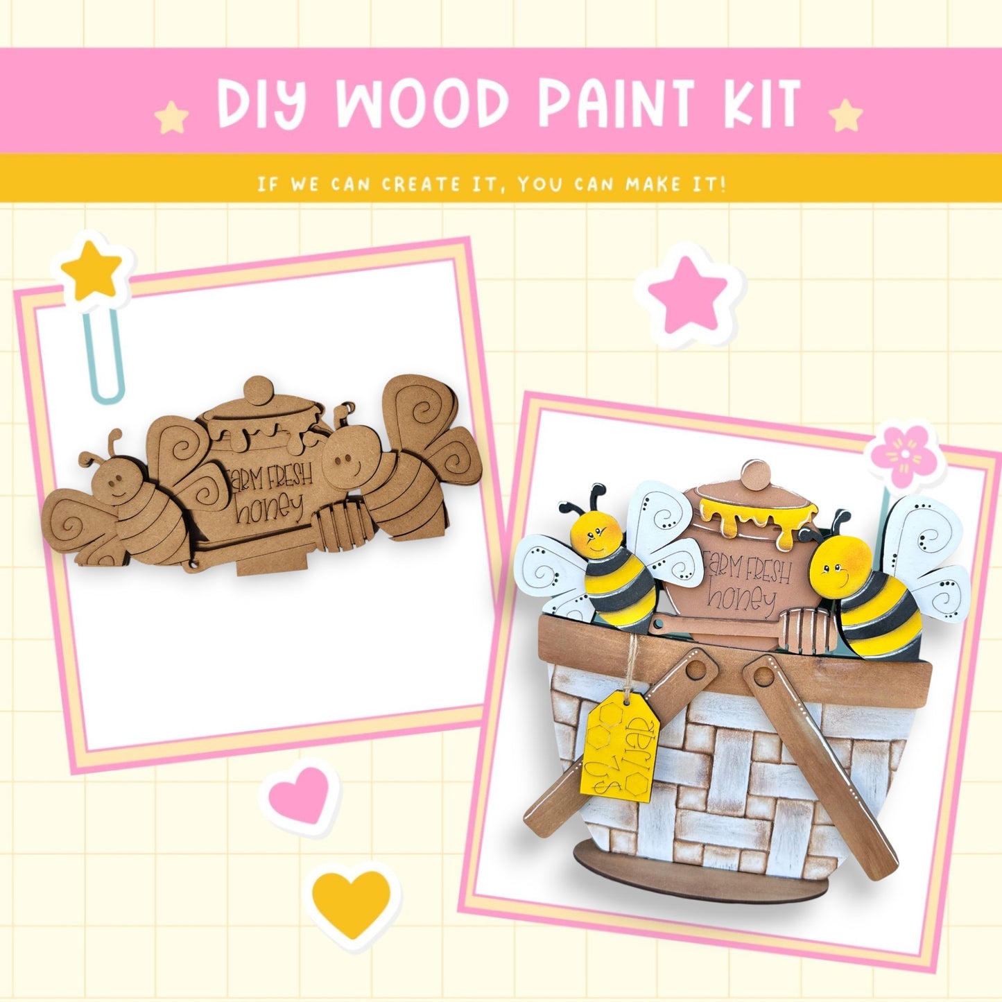 The image is a DIY wood paint kit advertisement featuring two wooden bee-themed items, one with a honeycomb design and the other with a basket. The text encourages viewers to create their own designs with the kit, and the image includes a star and heart symbol.
