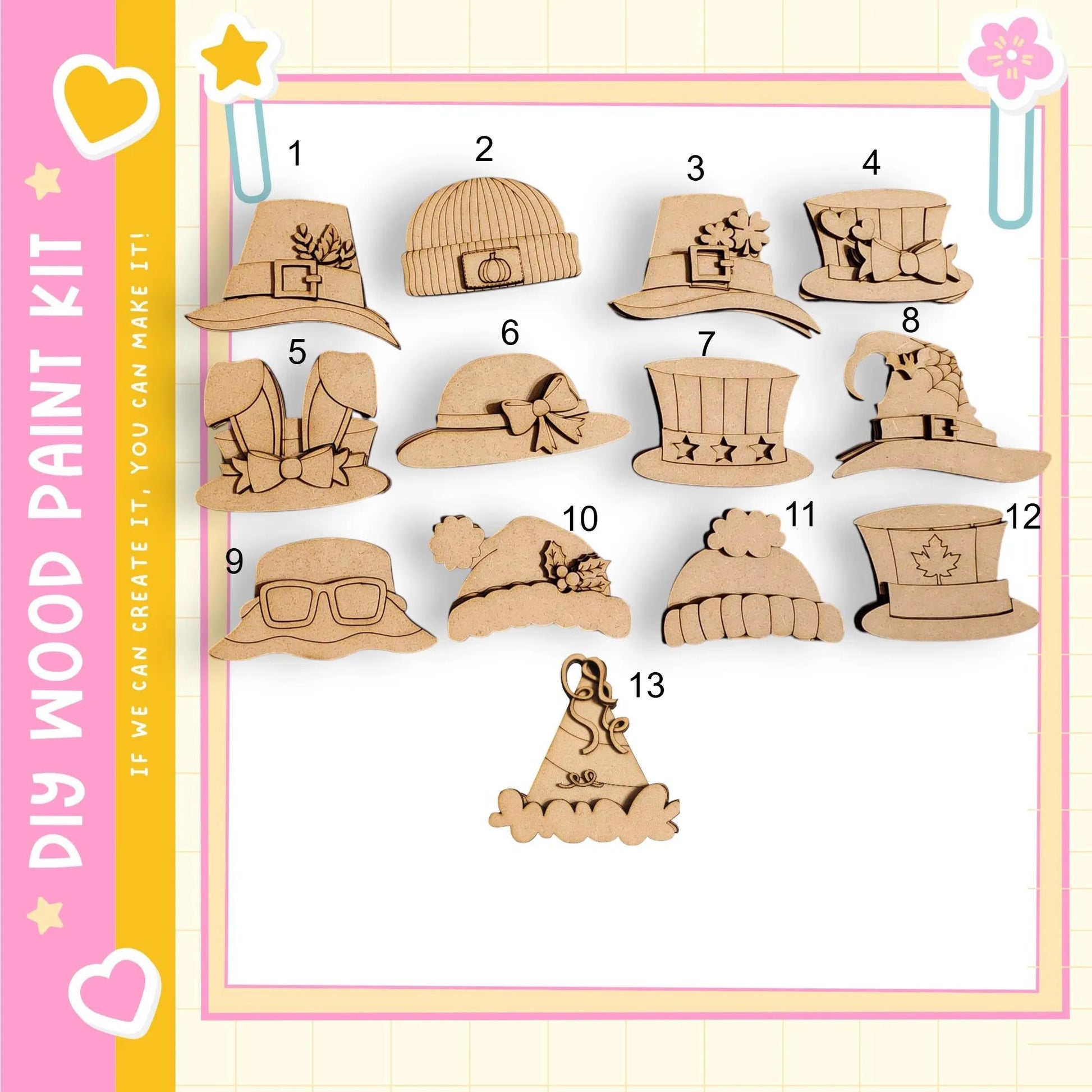 a collection of wooden hats and caps, each with unique designs and decorations, displayed against a pink and yellow background.