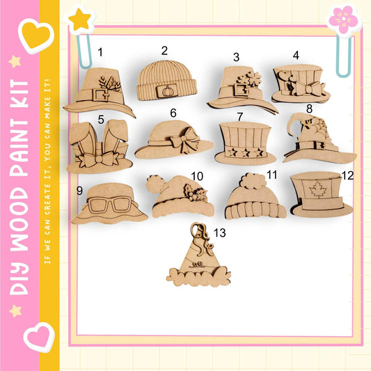 a collection of wooden hats and caps, each with unique designs and decorations, displayed against a pink and yellow background.