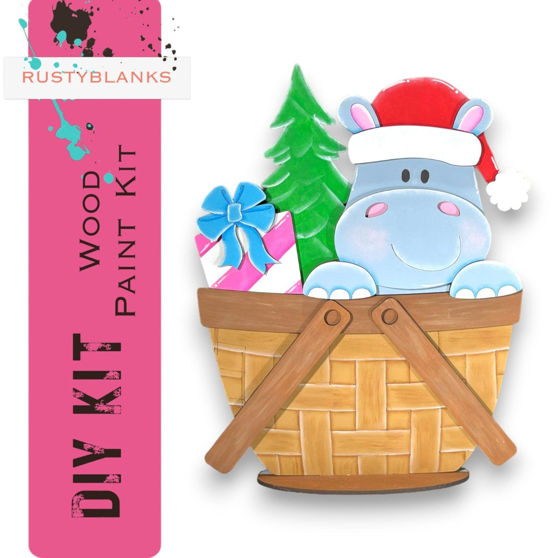 a picture of a hippo in a basket with presents