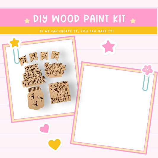 The image is a DIY wood paint kit with various pieces of wood and a mason jar, along with some decorative elements such as hearts and stars.