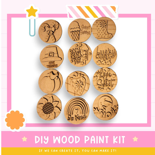 a bunch of wooden buttons with some writing on them