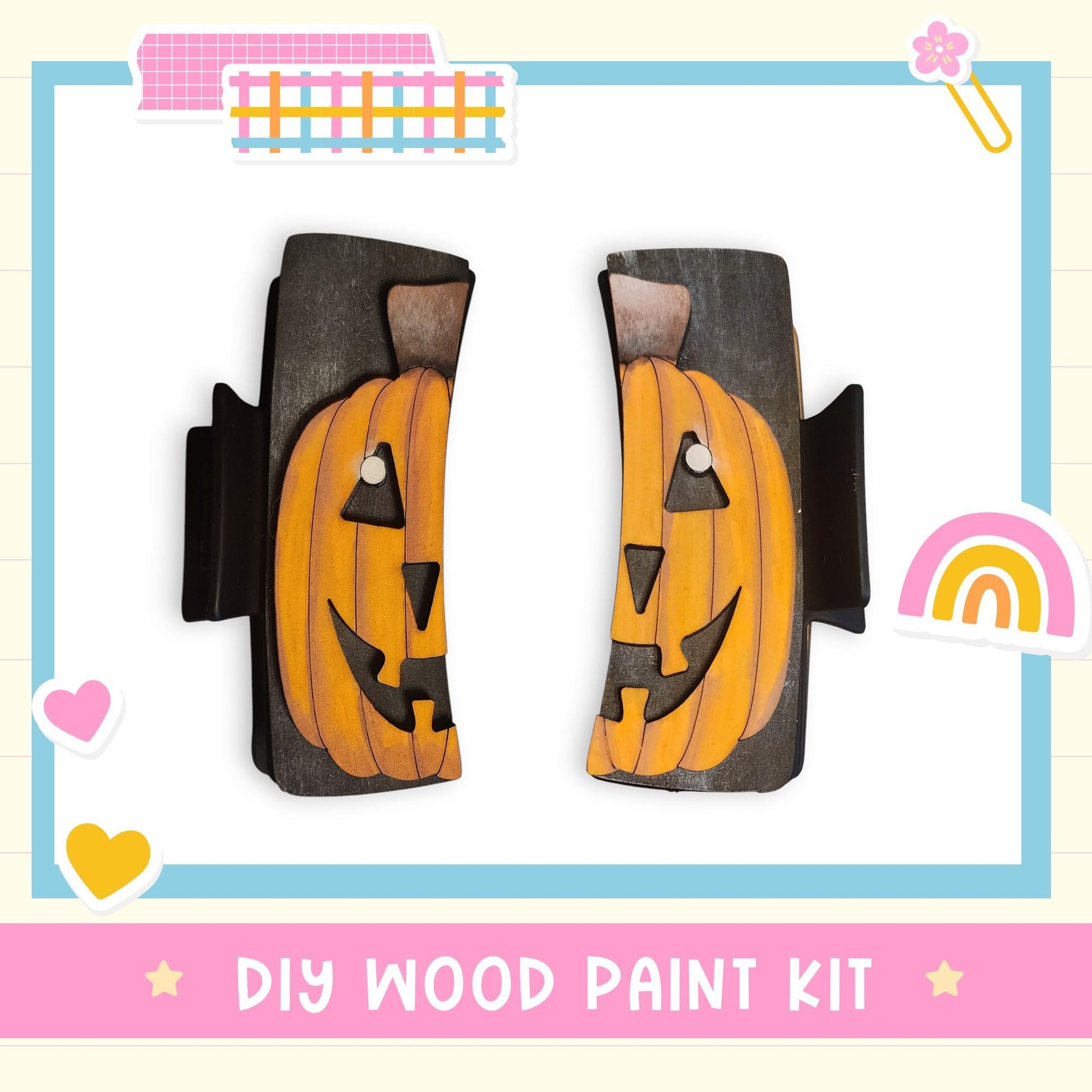 a DIY wood paint kit with two carved pumpkin-shaped pieces, one on each side, set against a white background.