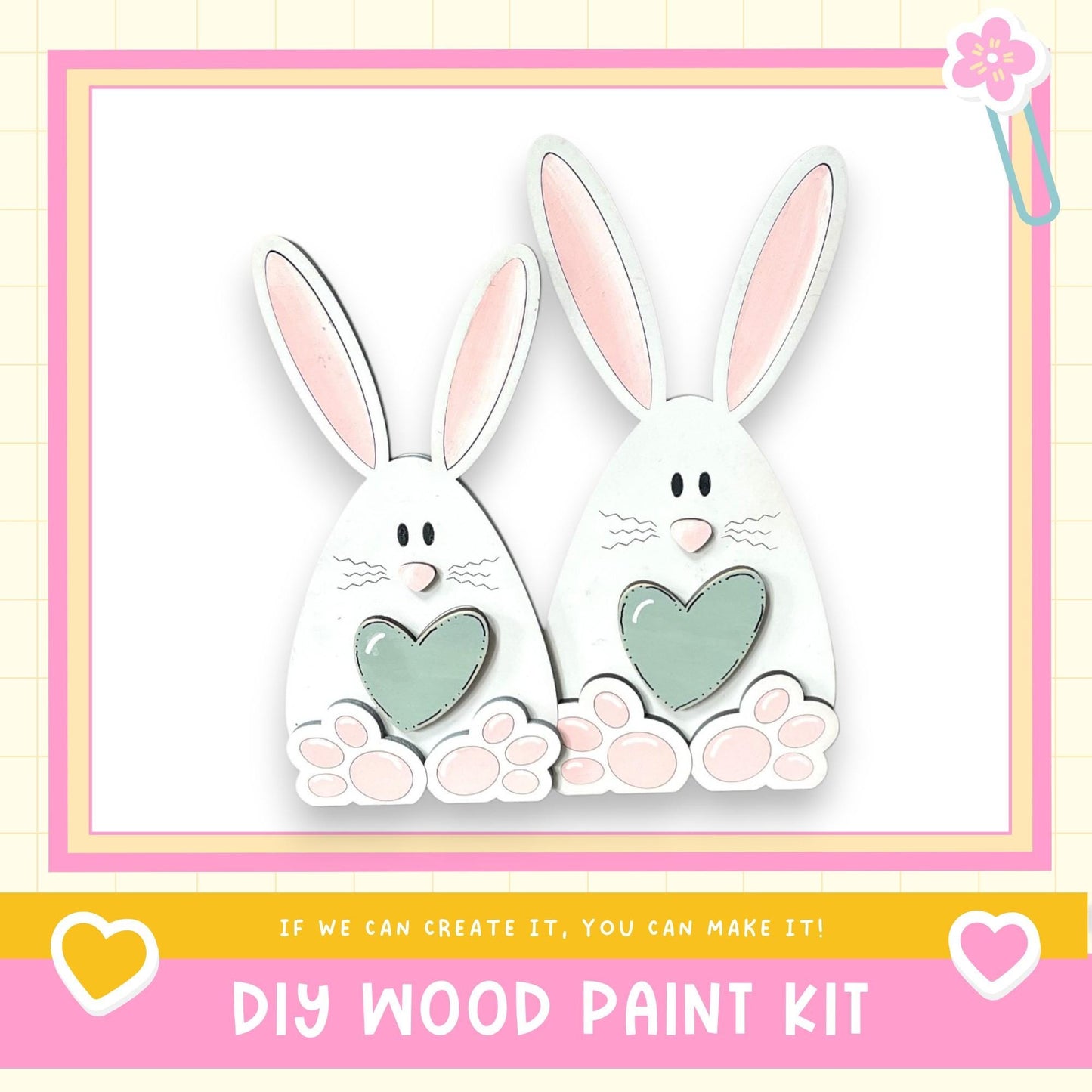 two cute white rabbits with hearts on their paws, set against a pink and yellow background.