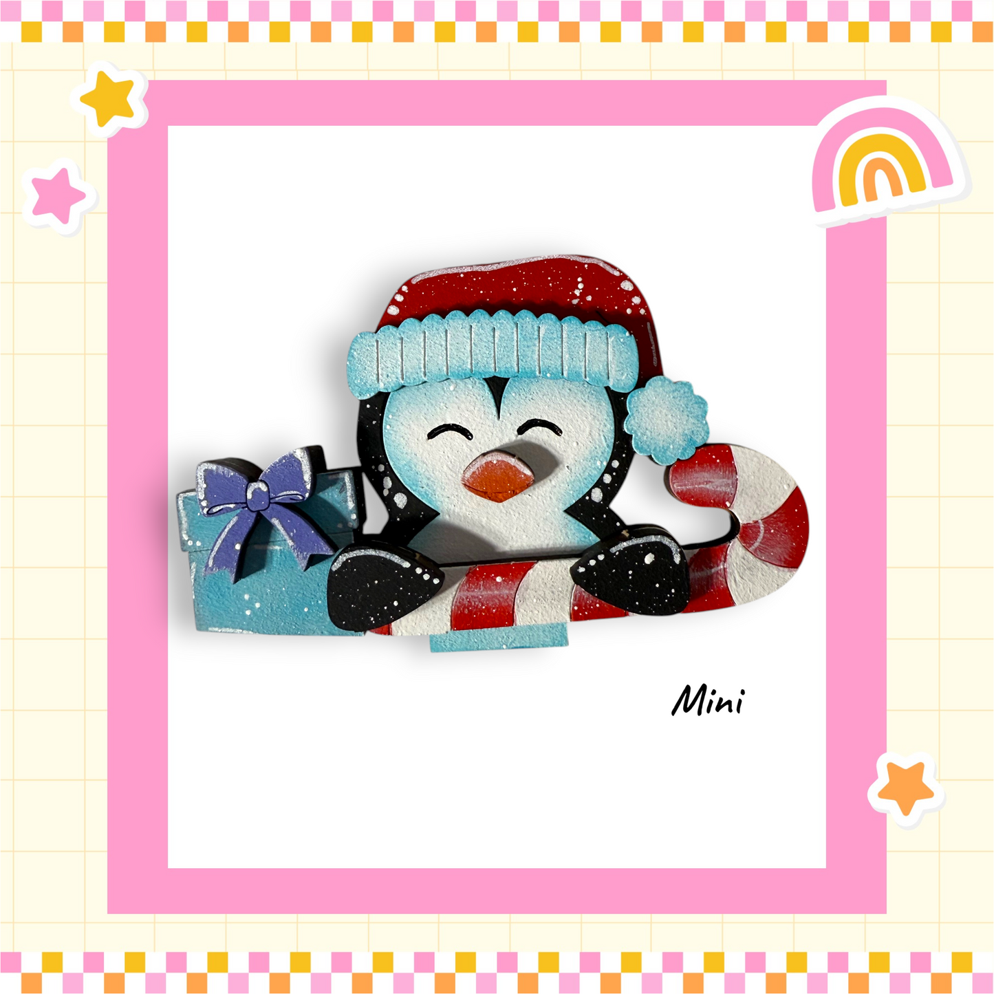 A colorful, whimsical illustration of a penguin wearing a hat and holding a gift, set against a pink and yellow background with stars and a rainbow.