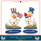 two cartoon ducks wearing patriotic hats and holding flags, standing on a grassy area.