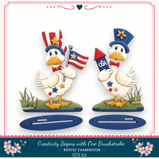 two cartoon ducks wearing patriotic hats and holding flags, standing on a grassy area.