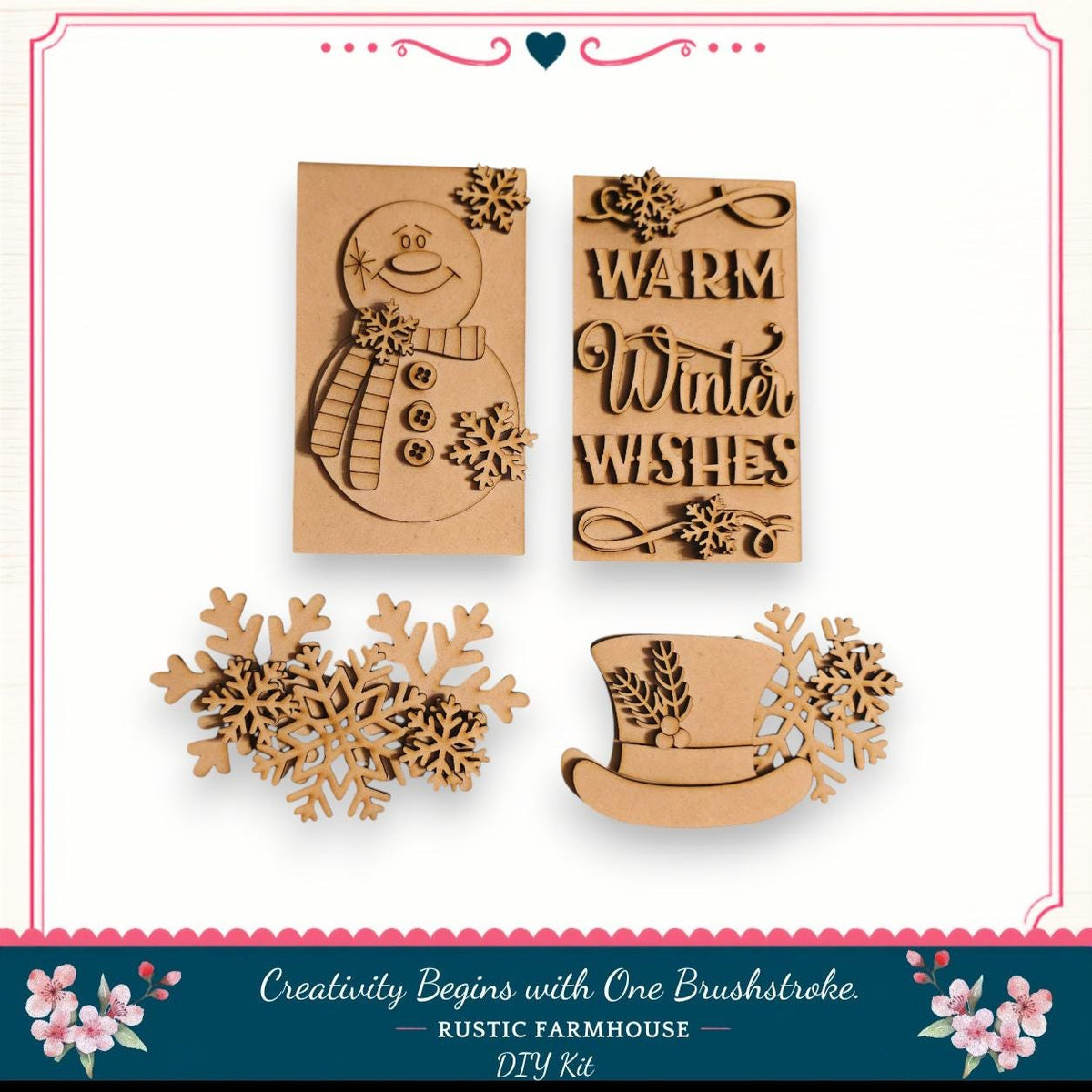 various wooden cutouts and decorations, including a snowman, a hat, and snowflakes, all of which appear to be part of a DIY kit for creating winter-themed decorations.