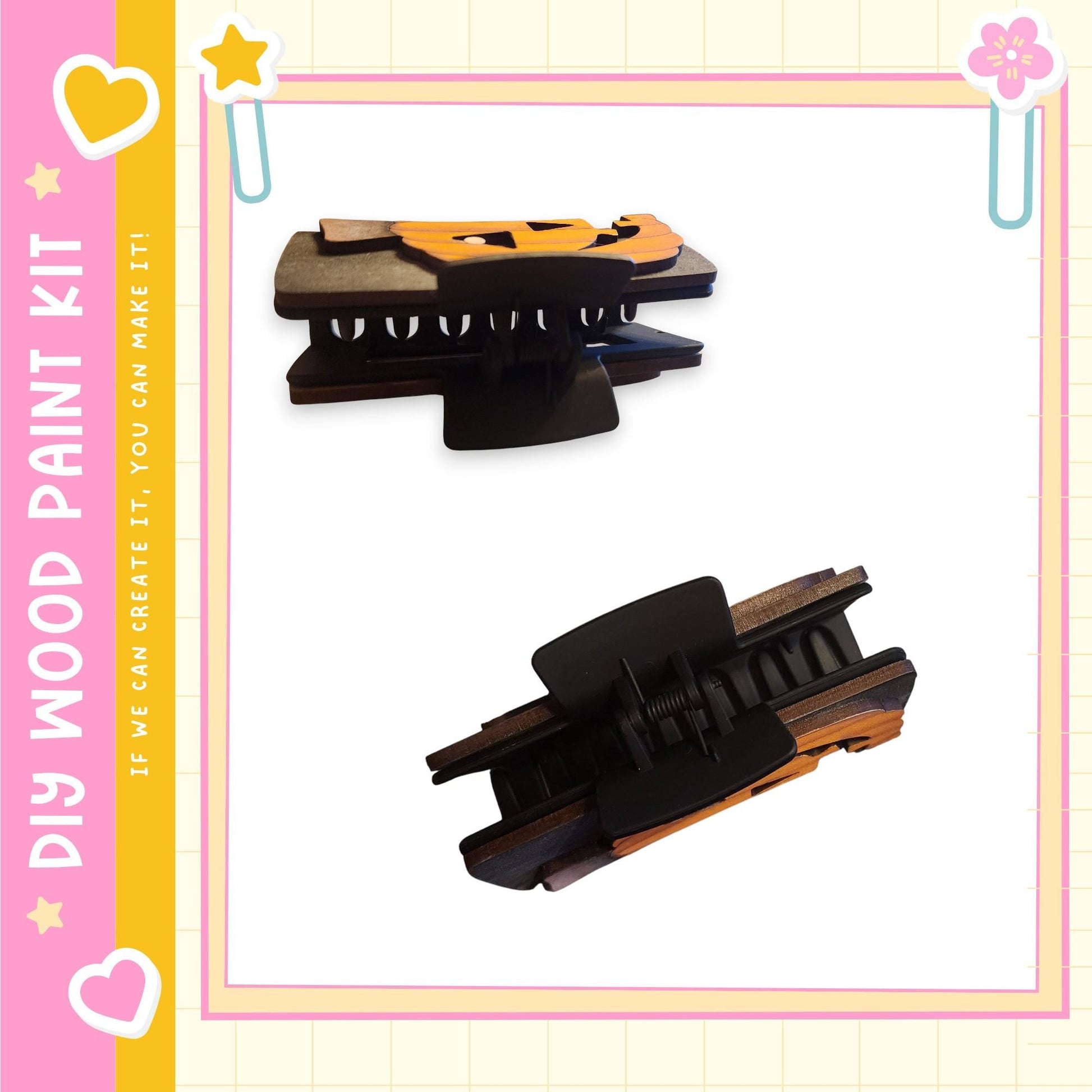 two wooden clamps, one black and one brown, with a pink and yellow border.