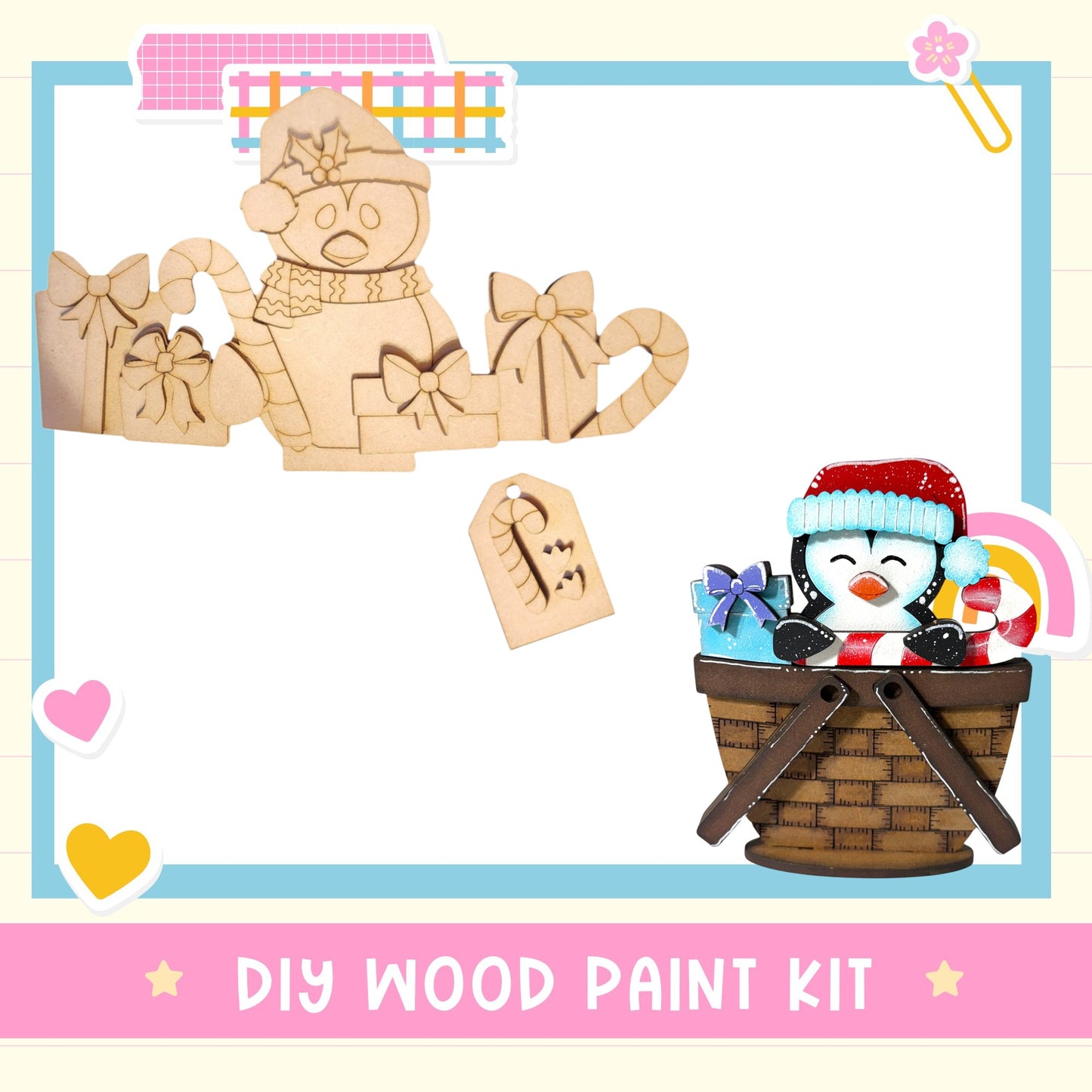 The image is a DIY wood paint kit featuring a wooden penguin figure and a wooden basket with a penguin figure inside.