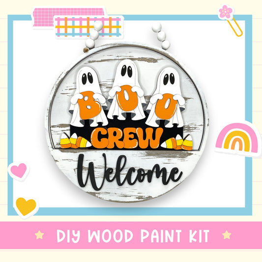 a sign that says crew welcome with three ghostes