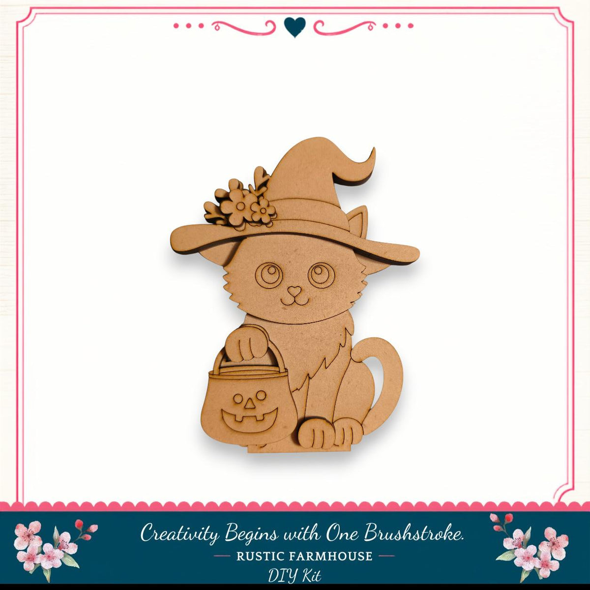A wooden cat wearing a witch's hat and carrying a carved pumpkin, set against a white background with a decorative border.