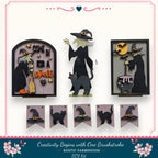 The image is a collage of Halloween-themed cutouts featuring a witch, a cat, and various Halloween-related elements such as bats, pumpkins, and broomsticks.