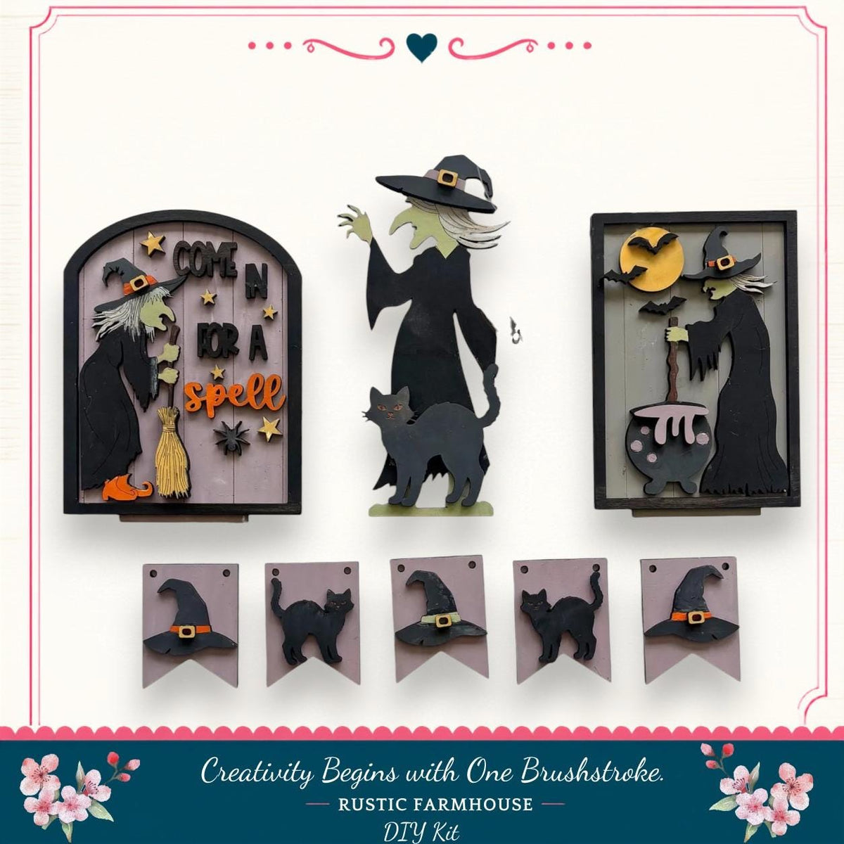 The image is a collage of Halloween-themed cutouts featuring a witch, a cat, and various Halloween-related elements such as bats, pumpkins, and broomsticks.